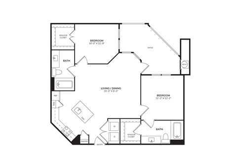 Floor plan for 2 beds, 2 baths, 1025 sqft