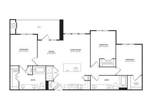 Floor plan for 3 beds, 2 baths, 1380 sqft