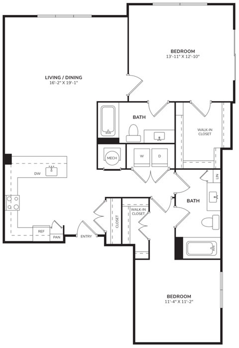 Floor plan for 2 beds, 2 baths, 1174 sqft