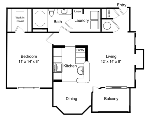 Floor plan for 1 bed, 1 bath, 790 sqft
