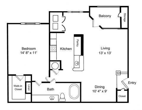 Floor plan for 1 bed, 1 bath, 863 sqft