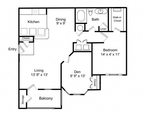 Floor plan for 1 bed, 1 bath, 994 sqft