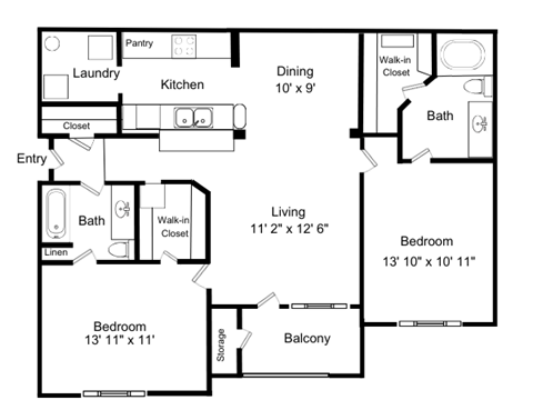 Floor plan for 2 beds, 2 baths, 1142 sqft