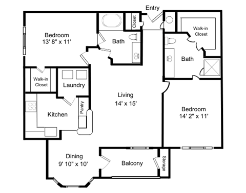 Floor plan for 2 beds, 2 baths, 1235 sqft