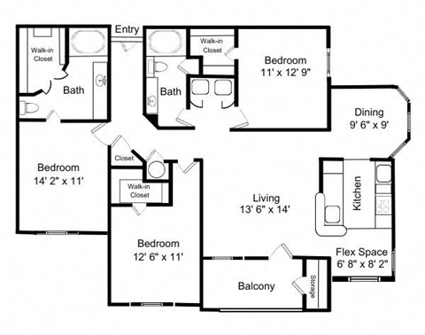 Floor plan for 3 beds, 2 baths, 1504 sqft