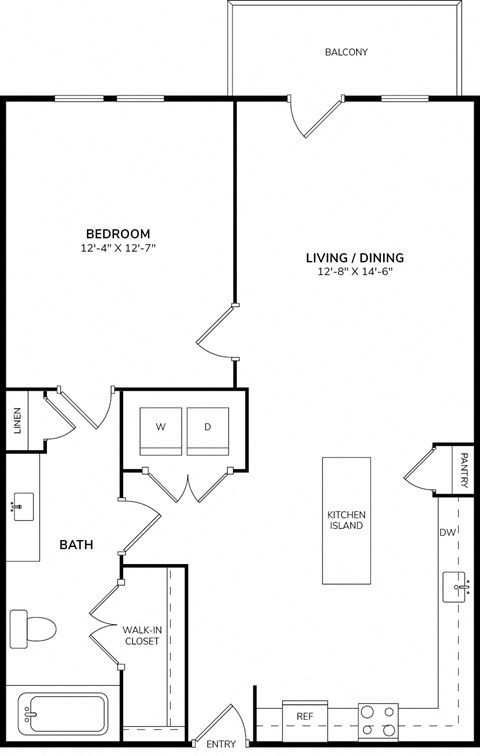 Floor plan for 1 bed, 1 bath, 688 sqft