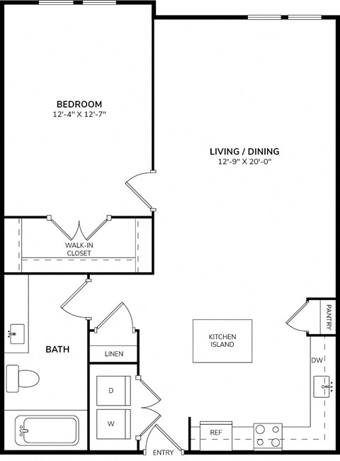 Floor plan for 1 bed, 1 bath, 775 sqft