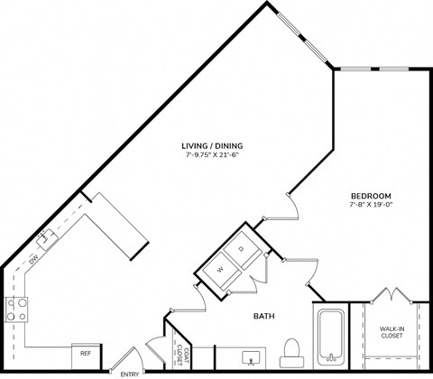 Floor plan for 1 bed, 1 bath, 854 sqft
