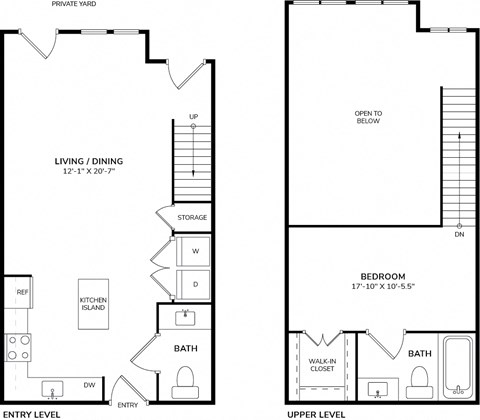 Floor plan for 1 bed, 1.5 baths, 822 sqft