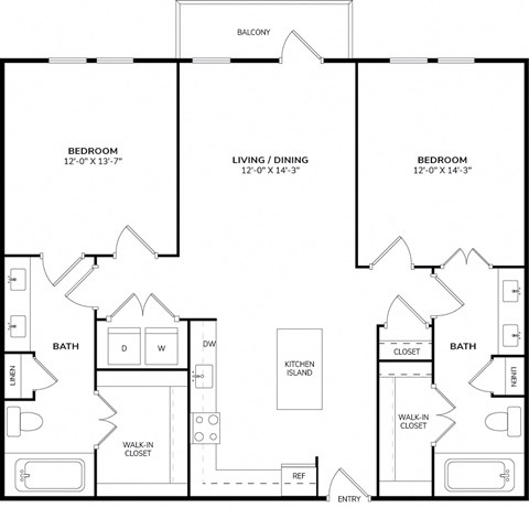 Floor plan for 2 beds, 2 baths, 1080 sqft