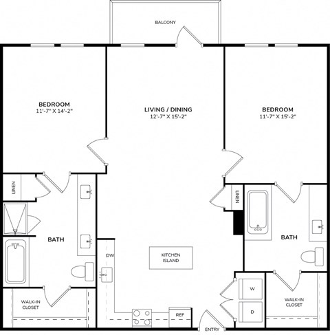 Floor plan for 2 beds, 2 baths, 1126 sqft