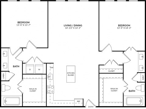 Floor plan for 2 beds, 2 baths, 1251 sqft