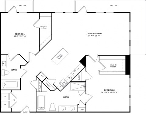 Floor plan for 2 beds, 2 baths, 1294 sqft
