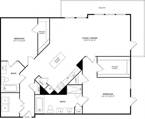 Floor plan for 2 beds, 2 baths, 1295 sqft