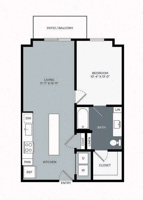 Floor plan for 1 bed, 1 bath, 737 sqft