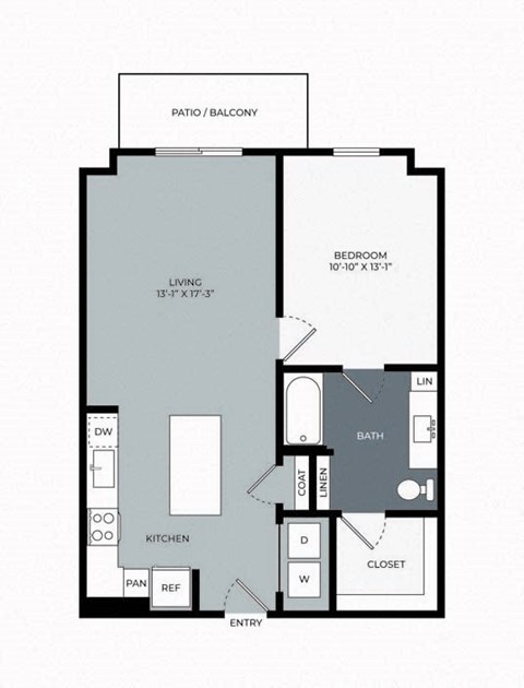Floor plan for 1 bed, 1 bath, 803 sqft