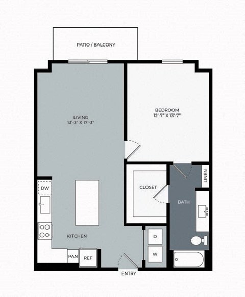 Floor plan for 1 bed, 1 bath, 864 sqft