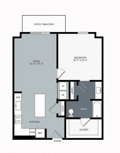 Floor plan for 1 bed, 1 bath, 865 sqft