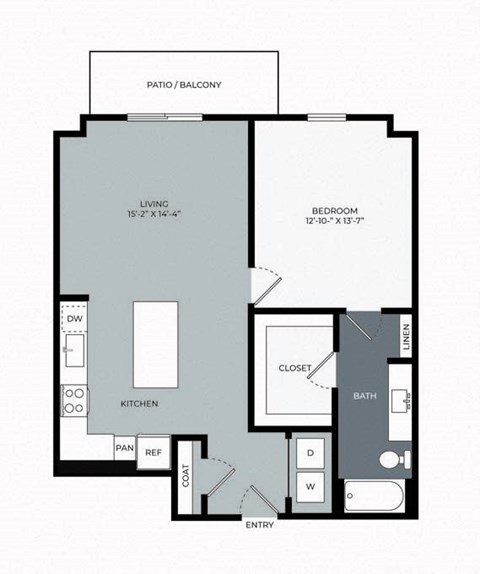 Floor plan for 1 bed, 1 bath, 897 sqft