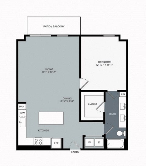 Floor plan for 1 bed, 1 bath, 993 sqft