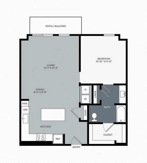 Floor plan for 1 bed, 1 bath, 993 sqft