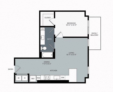 Floor plan for 1 bed, 1 bath, 779 sqft