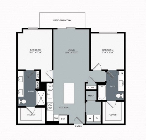 Floor plan for 2 beds, 2 baths, 1145 sqft