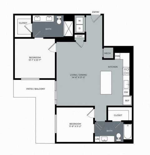 Floor plan for 2 beds, 2 baths, 1215 sqft