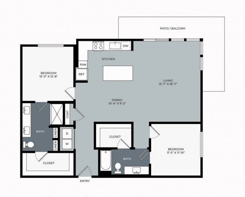 Floor plan for 2 beds, 2 baths, 1358 sqft
