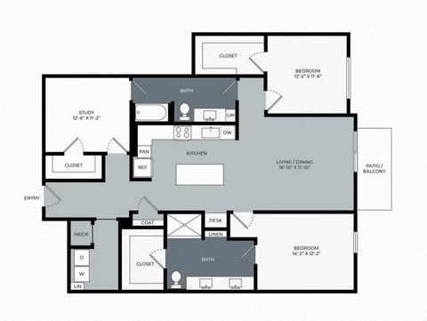 Floor plan for 2 beds, 2 baths, 1600 sqft