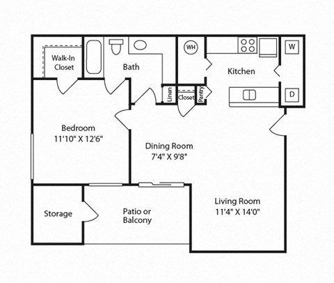 Floor plan for 1 bed, 1 bath, 700 sqft