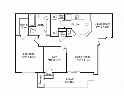 Floor plan for 1 bed, 1 bath, 885 sqft