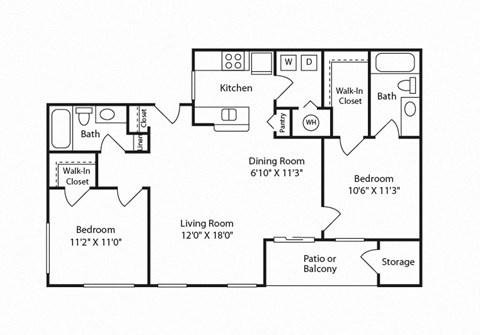 Floor plan for 2 beds, 2 baths, 950 sqft