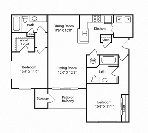 Floor plan for 2 beds, 2 baths, 950 sqft
