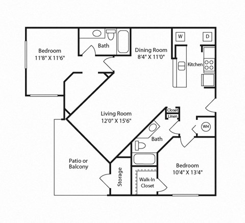 Floor plan for 2 beds, 2 baths, 1020 sqft
