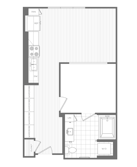 Floor plan for studio, 1 bath, 639 sqft