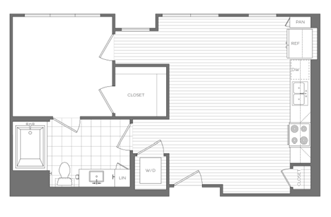Floor plan for 1 bed, 1 bath, 635 sqft