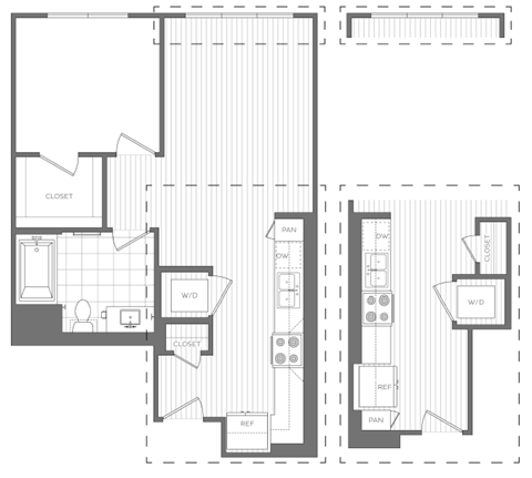 Floor plan for 1 bed, 1 bath, 657 sqft