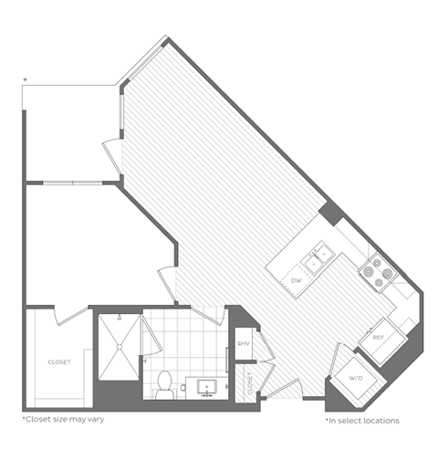 Floor plan for 1 bed, 1 bath, 708 sqft