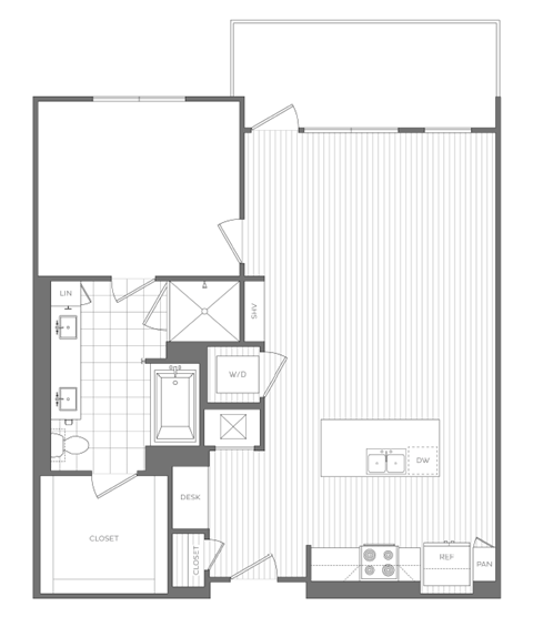 Floor plan for 1 bed, 1 bath, 728 sqft