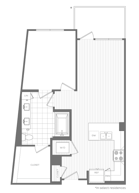Floor plan for 1 bed, 1 bath, 728 sqft