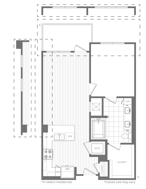 Floor plan for 1 bed, 1 bath, 737 sqft