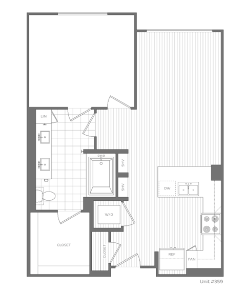 Floor plan for 1 bed, 1 bath, 746 sqft
