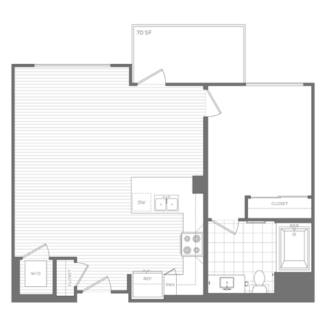 Floor plan for 1 bed, 1 bath, 768 sqft