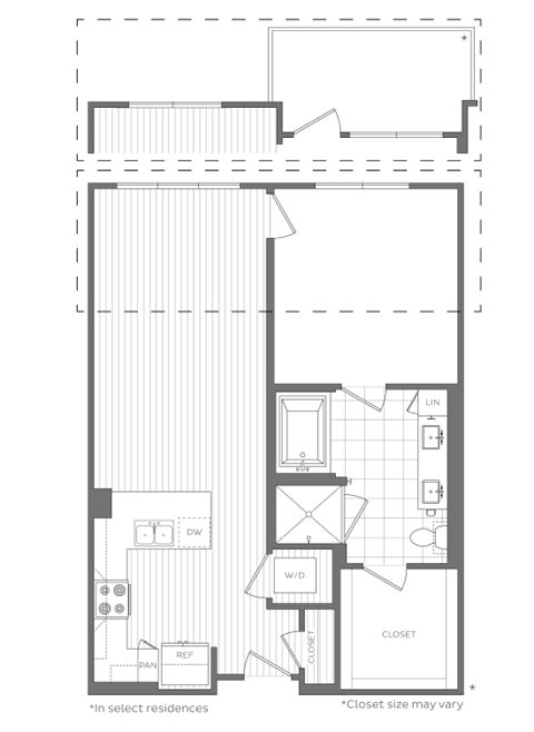 Floor plan for 1 bed, 1 bath, 801 sqft