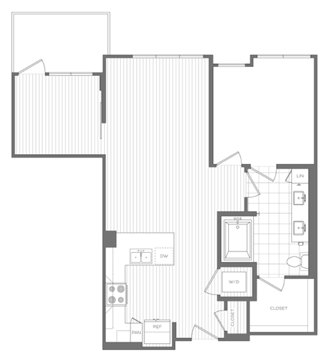 Floor plan for 1 bed, 1 bath, 879 sqft