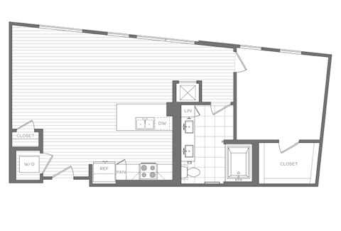 Floor plan for 1 bed, 1 bath, 890 sqft