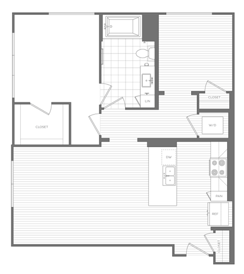 Floor plan for 1 bed, 1 bath, 931 sqft