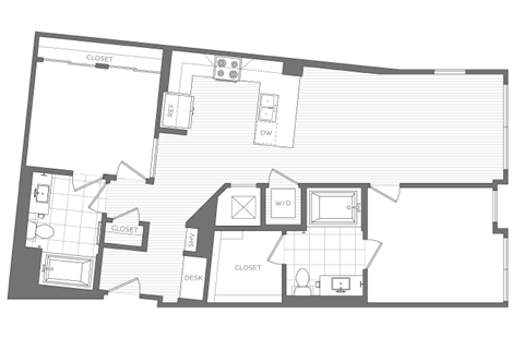 Floor plan for 2 beds, 2 baths, 1070 sqft