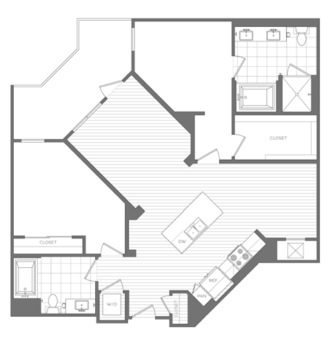 Floor plan for 2 beds, 2 baths, 1245 sqft